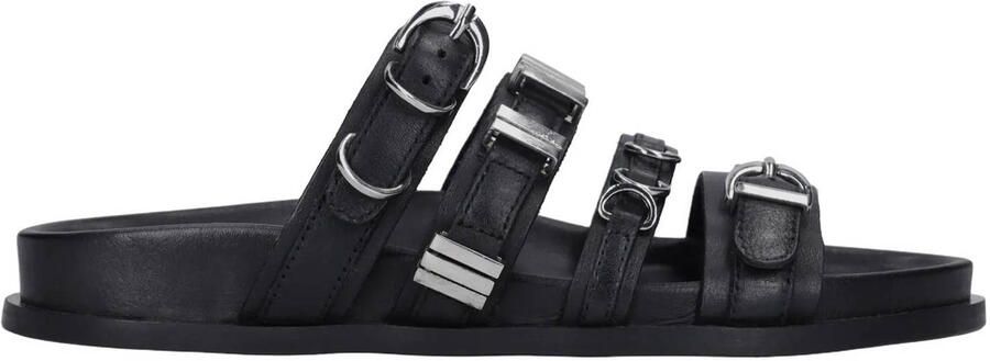 Sacha Dames Zwarte leren slippers met buckles