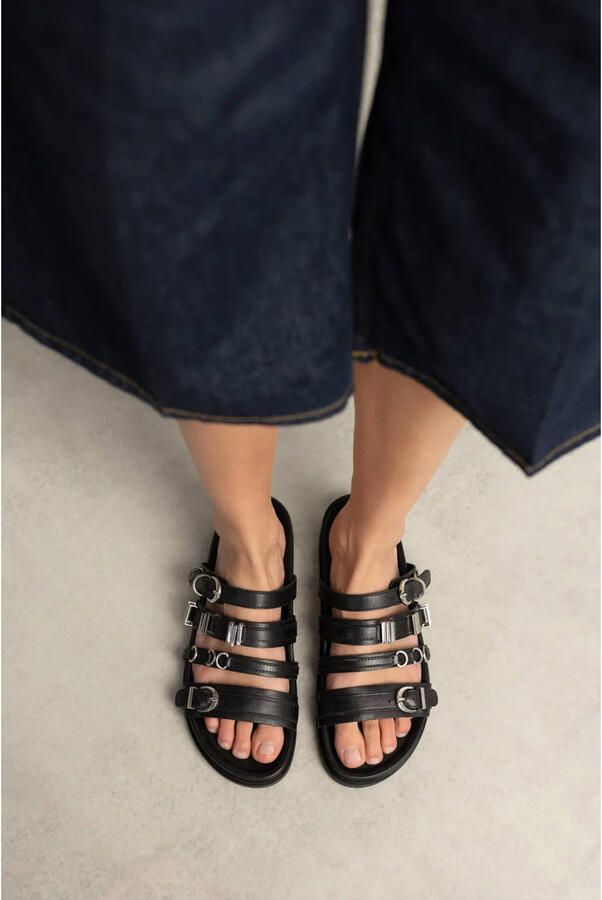 Sacha Dames Zwarte leren slippers met buckles - Foto 2