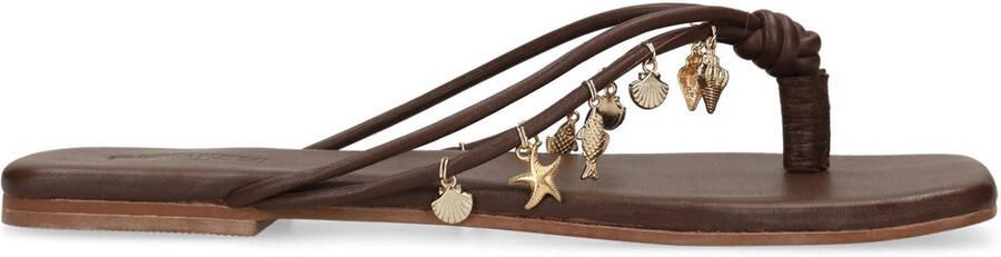 Sacha Dames Bruine leren slippers met goudkleurige charms