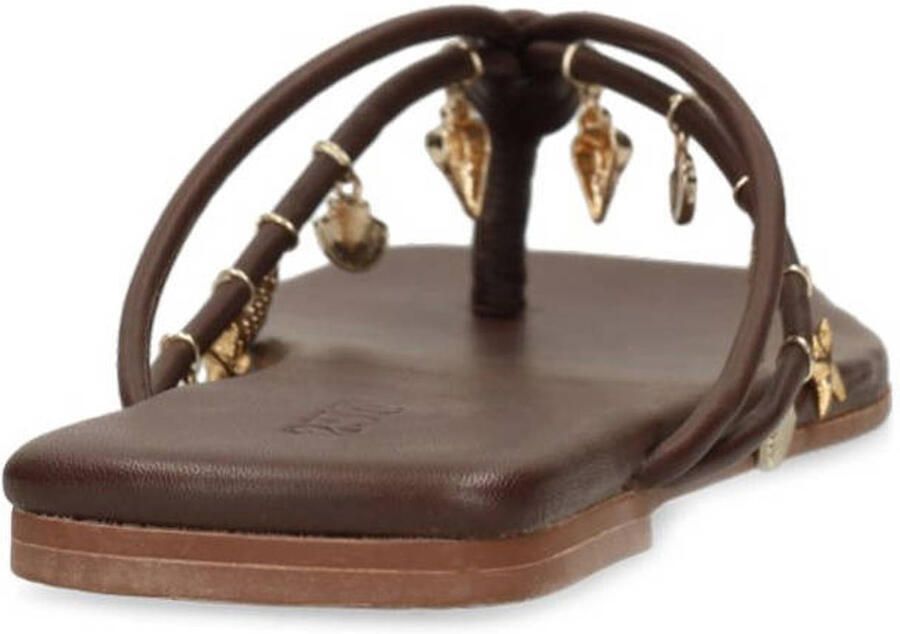 Sacha Dames Bruine leren slippers met goudkleurige charms - Foto 2
