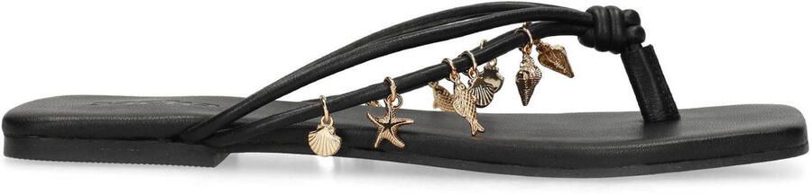 Sacha Dames Zwarte leren slippers met goudkleurige charms
