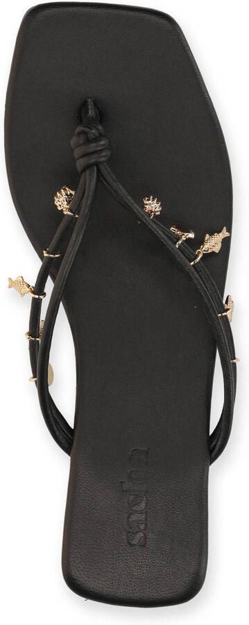 Sacha Dames Zwarte leren slippers met goudkleurige charms - Foto 2