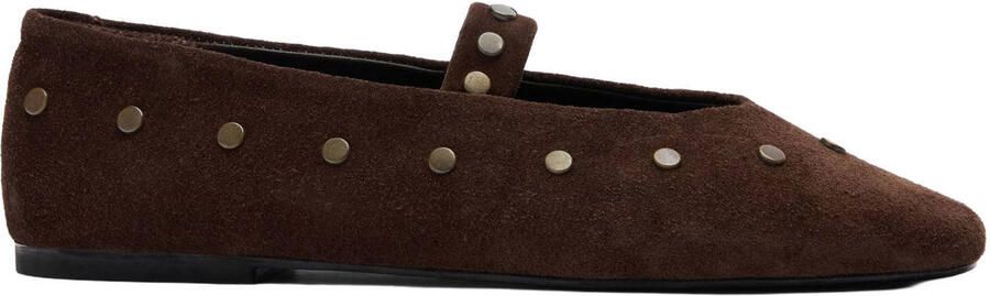 Sacha Dames Donkerbruine suède ballerina's met goudkleurige studs