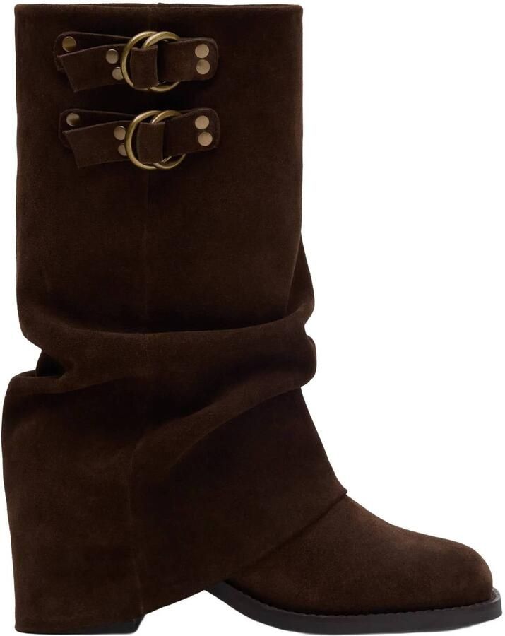 Sacha Dames Donkerbruine suède biker boots met flap