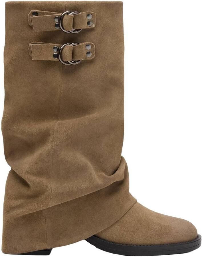 Sacha Dames Beige suède biker boots met flap