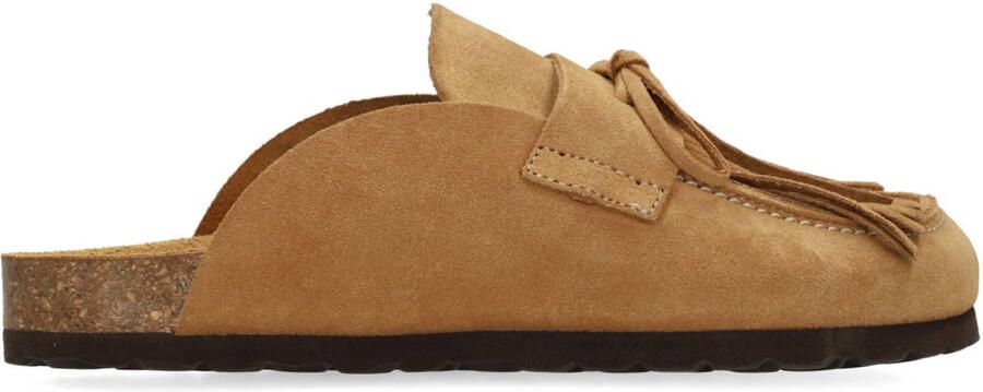 Sacha Dames Taupe suède clogs met franjes