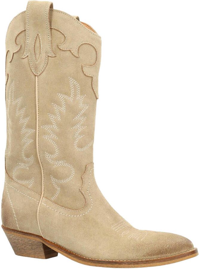 Sacha Dames Beige suède cowboylaarzen met sierstiksels