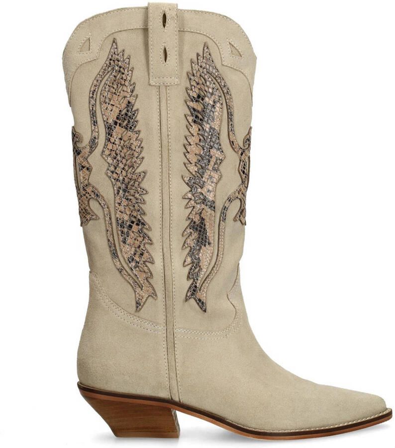 Sacha Dames Beige suède cowboylaarzen met sierstiksels
