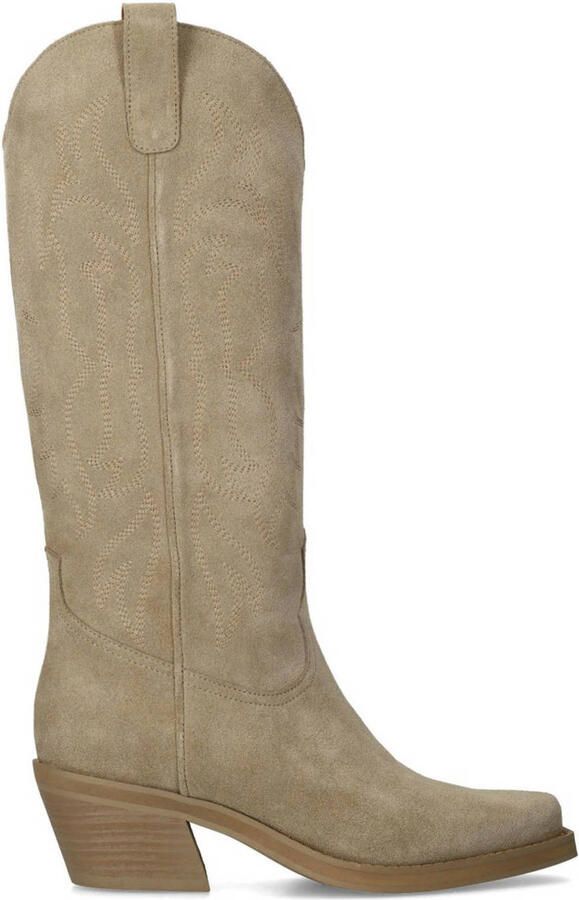 Sacha Dames Beige suède cowboylaarzen met stiksels