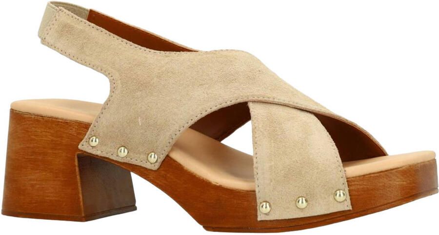 Sacha Dames Beige suède sandalen met houten hak