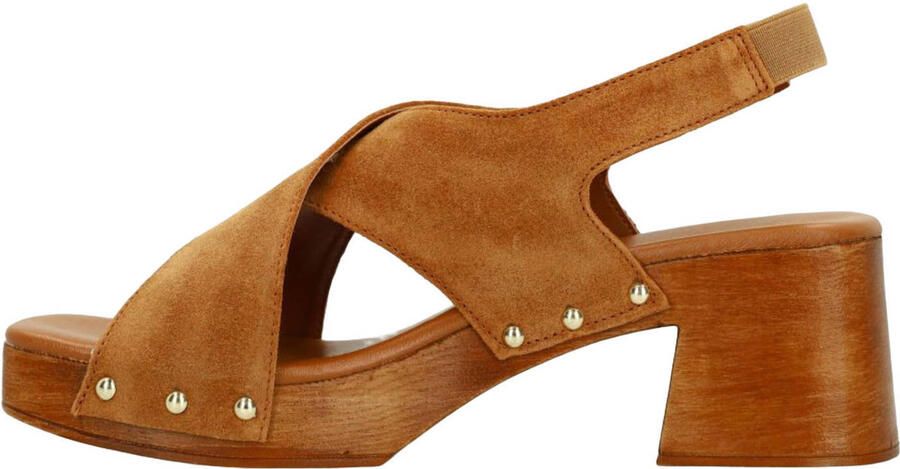 Sacha Dames Cognac suède sandalen met houten hak - Foto 3