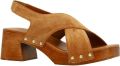 Sacha Dames Cognac suède sandalen met houten hak - Cognac