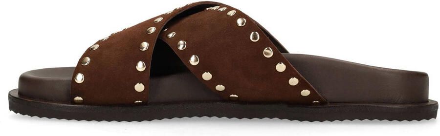 Sacha Dames Bruine suède slippers met goudkleurige studs - Foto 3