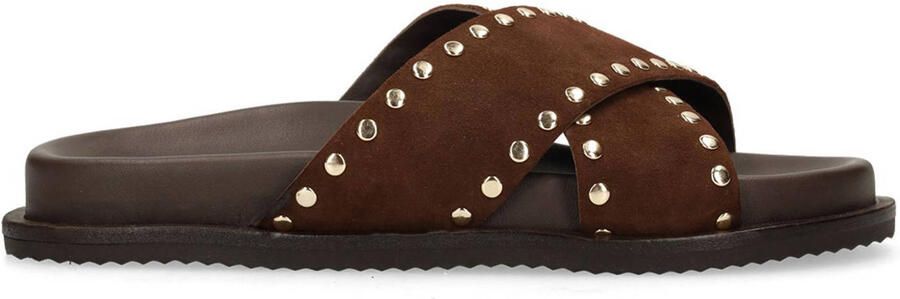 Sacha Dames Bruine suède slippers met goudkleurige studs