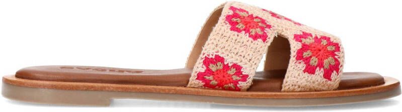 Sacha Dames Beige slippers met roze bloemen embroidery