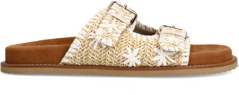 Sacha Dames Beige raffia slippers met witte details