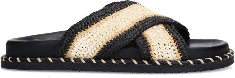 Sacha Dames Zwarte plateauslippers met beige band