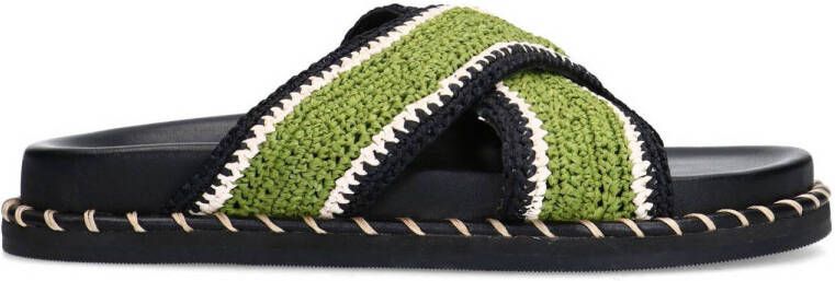 Sacha Dames Zwarte plateau slippers met groene bandjes