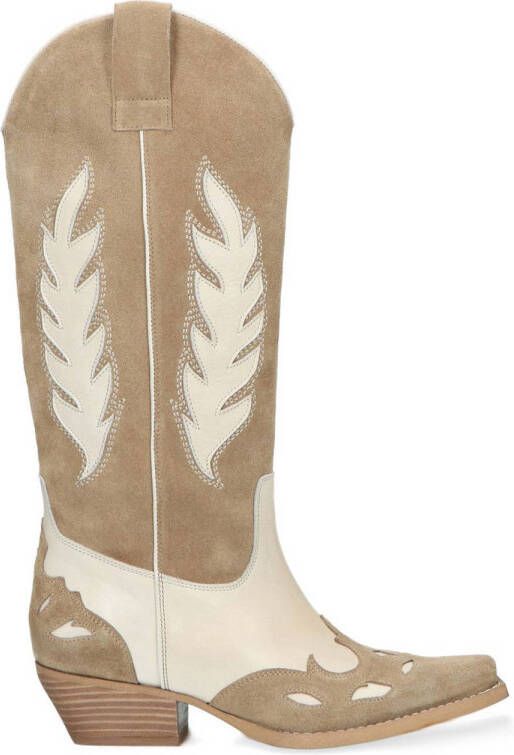 Sacha Dames Beige leren cowboylaarzen met off white details