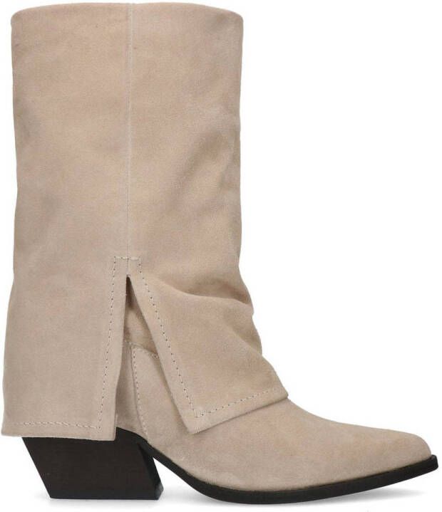 Sacha Dames Beige suède western enkellaarsjes met flap