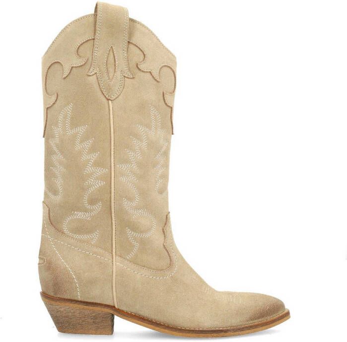 Sacha Dames Beige suède cowboylaarzen met sierstiksels