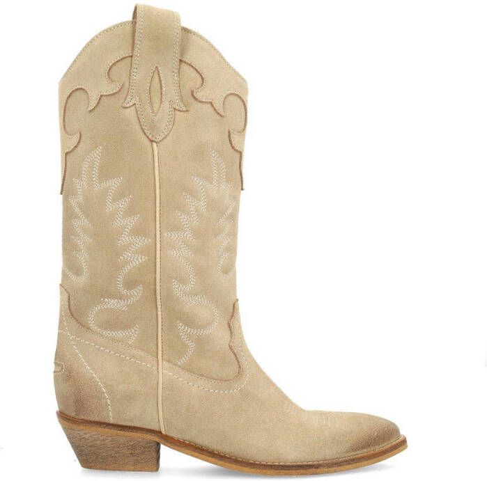 Sacha Dames Beige suède cowboylaarzen met sierstiksels