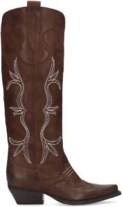 Sacha Dames Cognac leren cowboylaarzen met witte sierstiksels