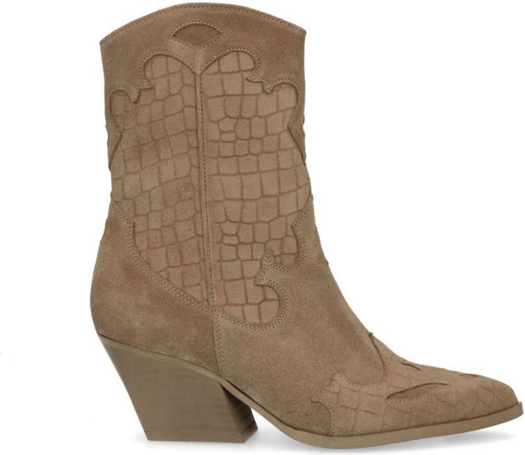 Sacha suède cowboylaarzen met crocoprint beige