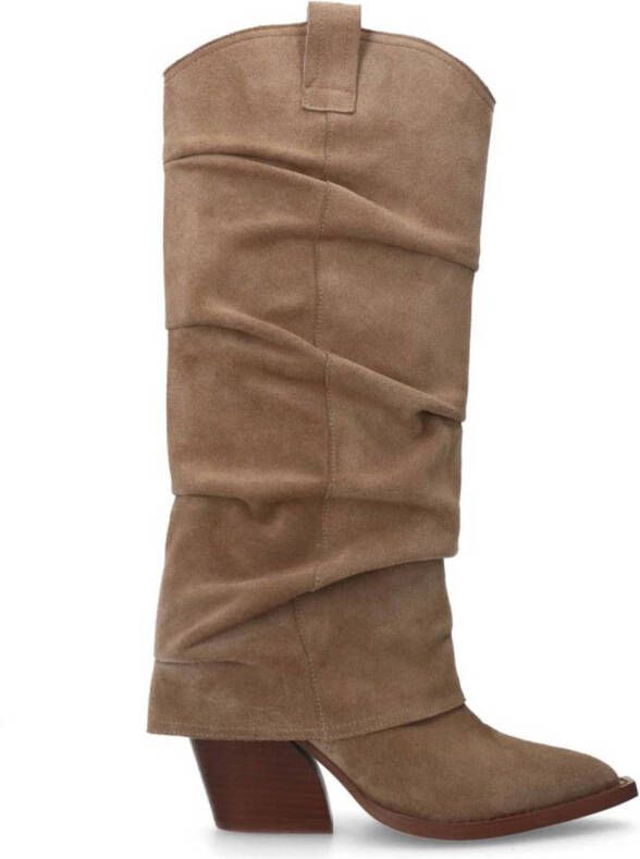 Sacha Dames Beige suède cowboylaarzen met flap