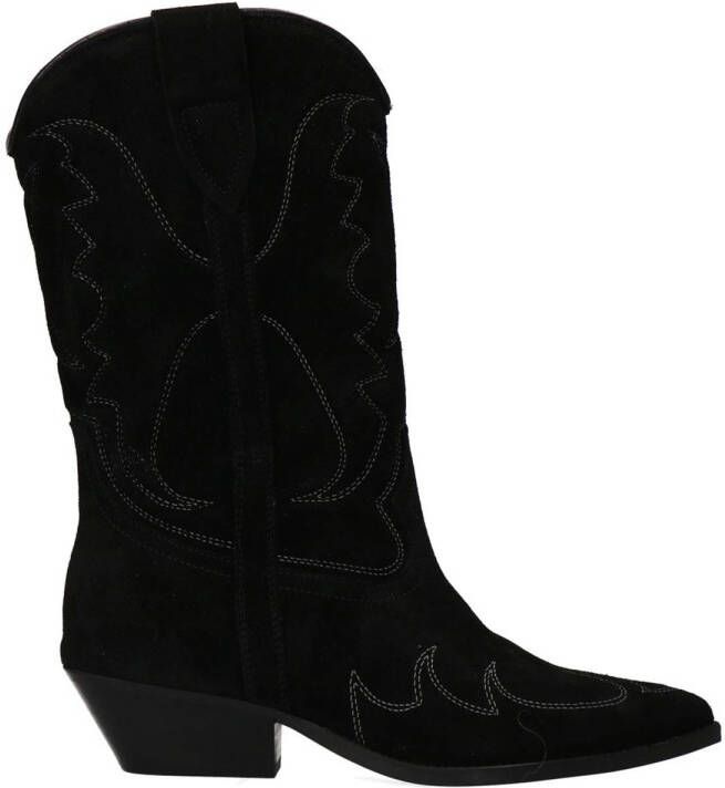 Sacha Dames Zwarte suède cowboylaarzen met sierstiksels