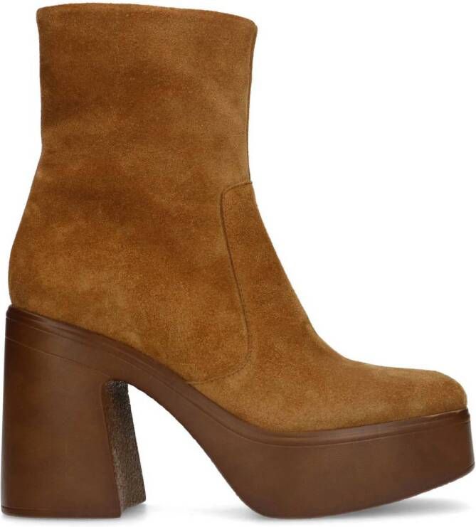 Sacha Dames Cognac suède enkelboots met plateau hak