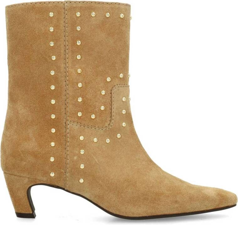 Sacha Dames Beige suède enkellaarsjes met goudkleurige studs