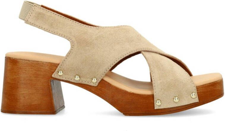 Sacha Dames Beige suède sandalen met houten hak