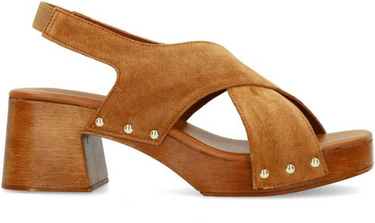 Sacha Dames Cognac suède sandalen met houten hak
