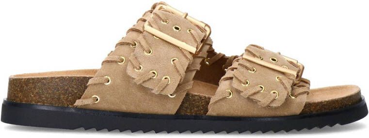 Sacha Dames Beige suède slippers met goudkleurige buckles