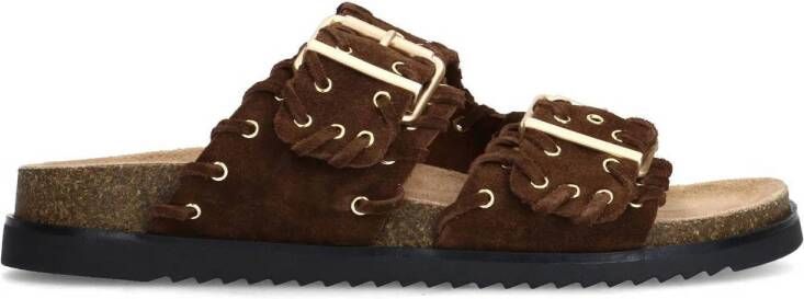Sacha Dames Donkerbruine suède slippers met goudkleurige buckles