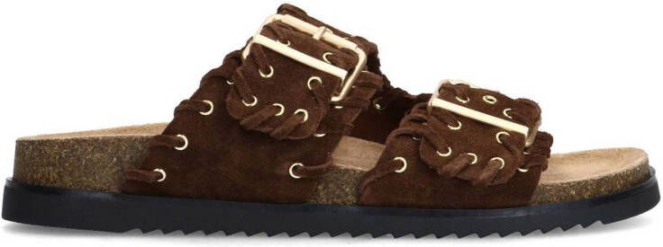 Sacha Dames Donkerbruine suède slippers met goudkleurige buckles