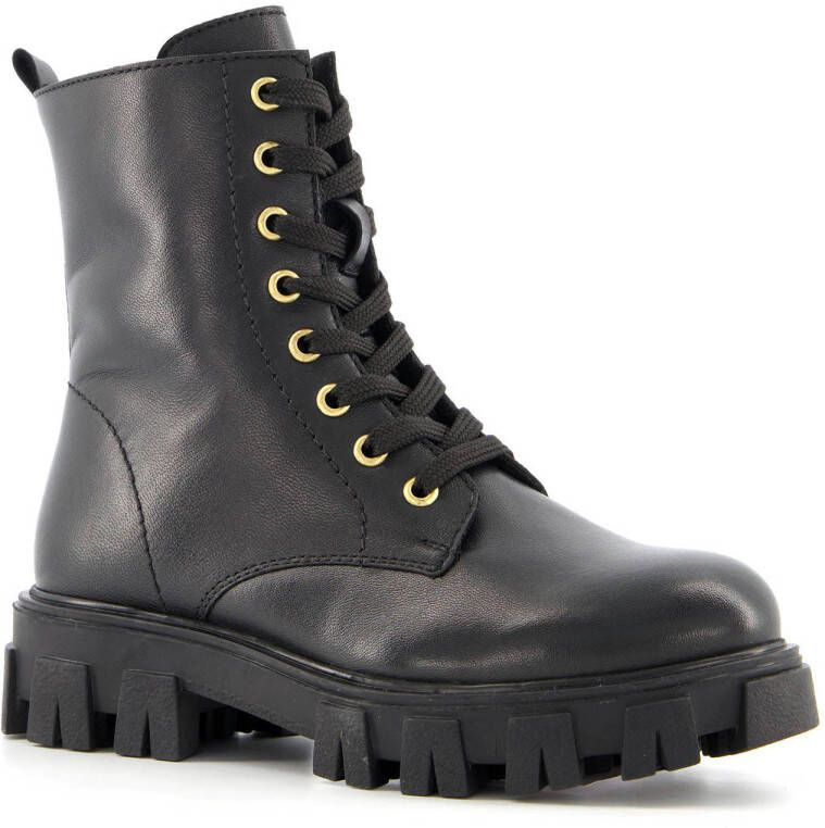 Groot leren meisjes veterboots Zwart Echt leer Uitneembare zool