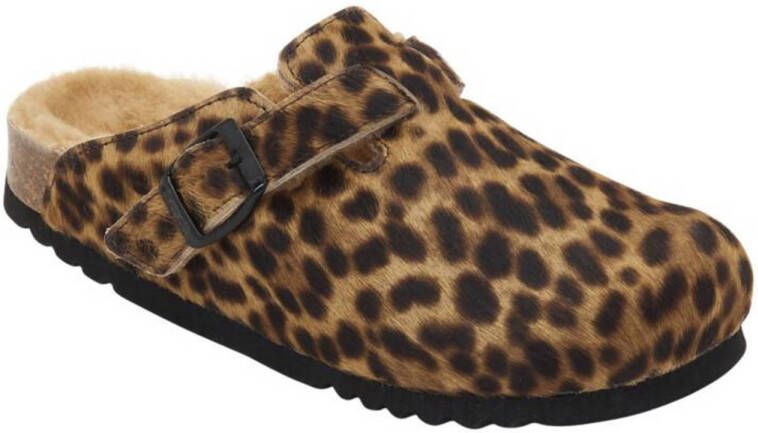 Scholl leren clogs met panterprint beige