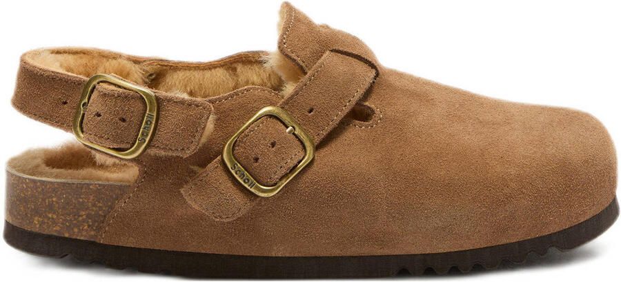 Scholl Fae Backstrap gevoerde suède clogs cognac