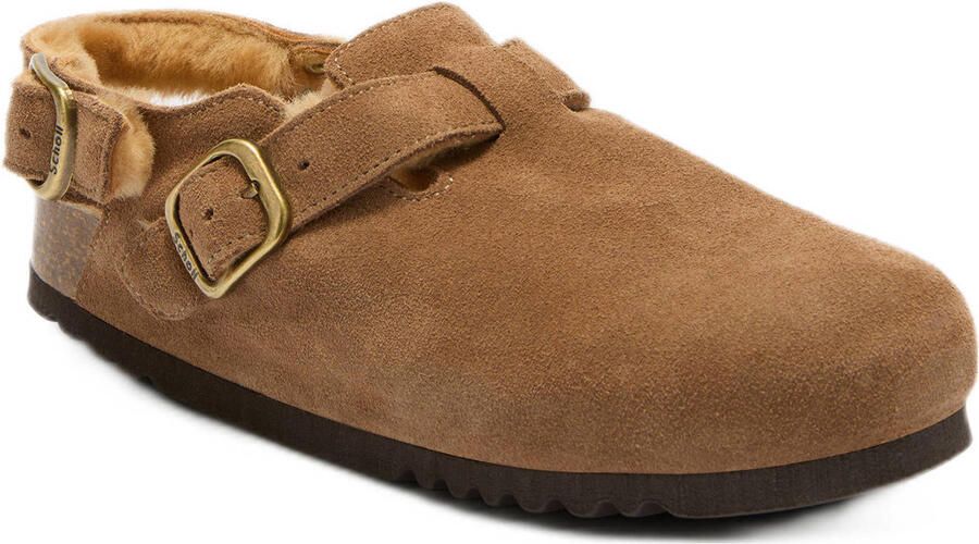 Scholl Fae Backstrap gevoerde suède clogs cognac