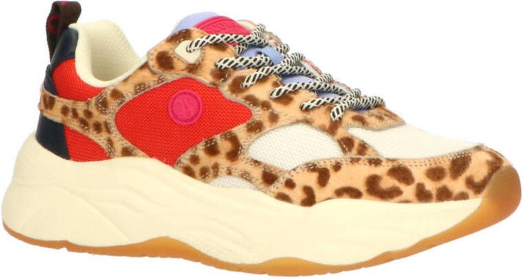 Scotch & Soda Celest 33C chunky leren sneakers met panterprint beige rood