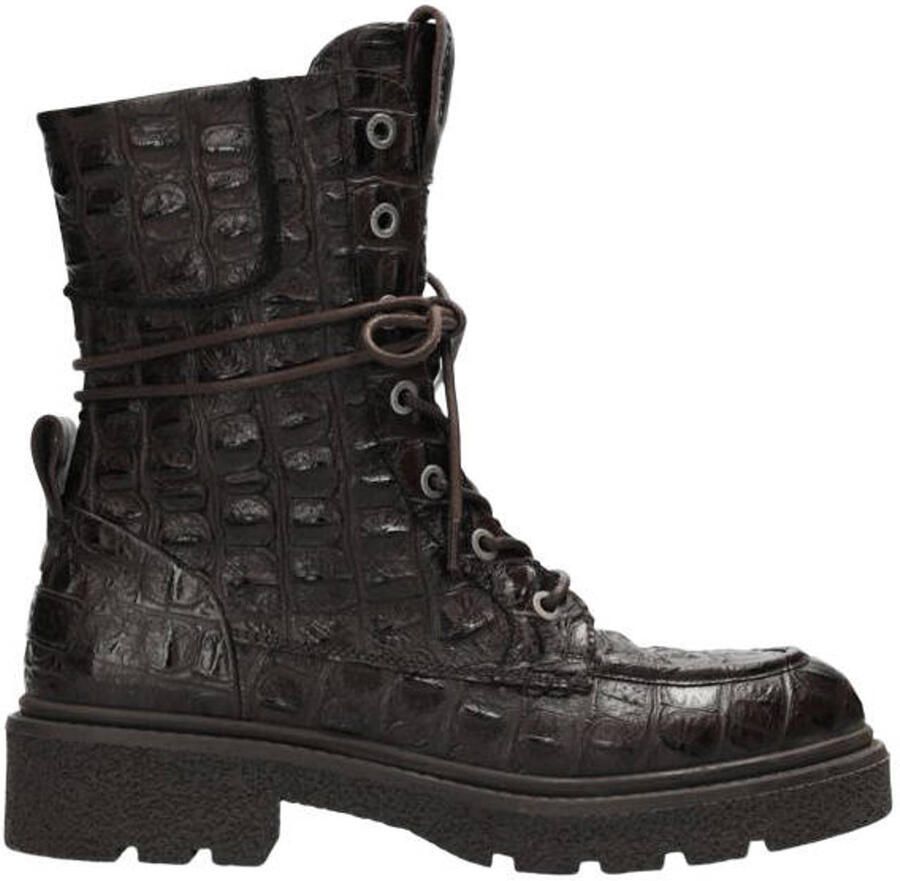 Shabbies Amsterdam chunky leren veterboots met profielzool en dierenprint donkerbruin