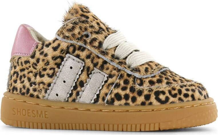 Shoesme leren sneakers met ponyhair en panterprint beige zwart