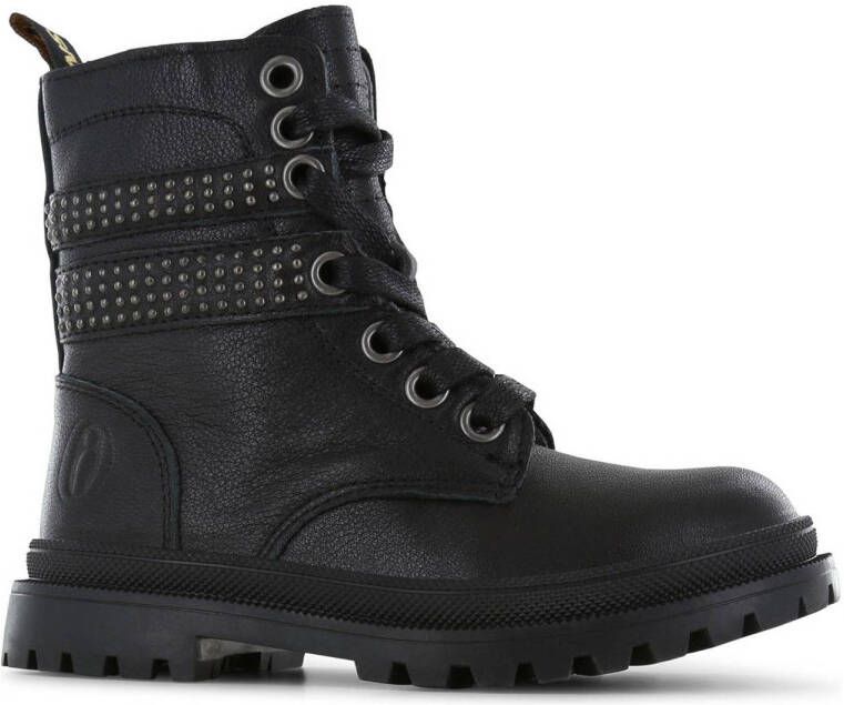 Shoesme leren veterboots met studs zwart Meisjes Leer Effen 26