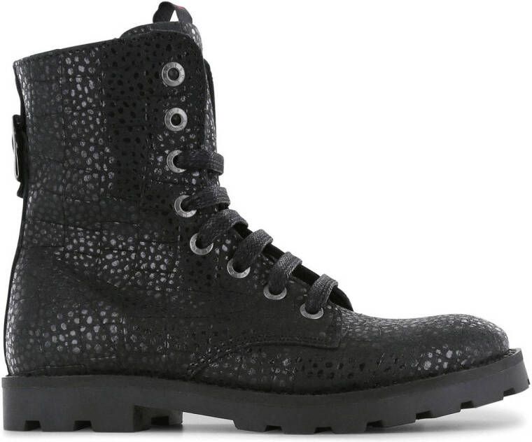 Shoesme TA22W014-B leren veterboots met dierenprint zwart