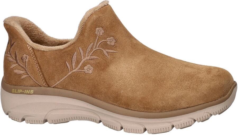 Skechers suède instappers met profielzool en borduursels cognac