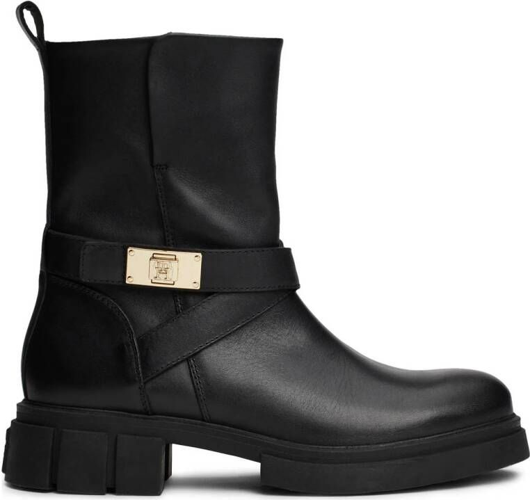 Tommy Hilfiger Bikerboots BIKER LEATHER blokhak enkellaars laarzen met gouden sieraad