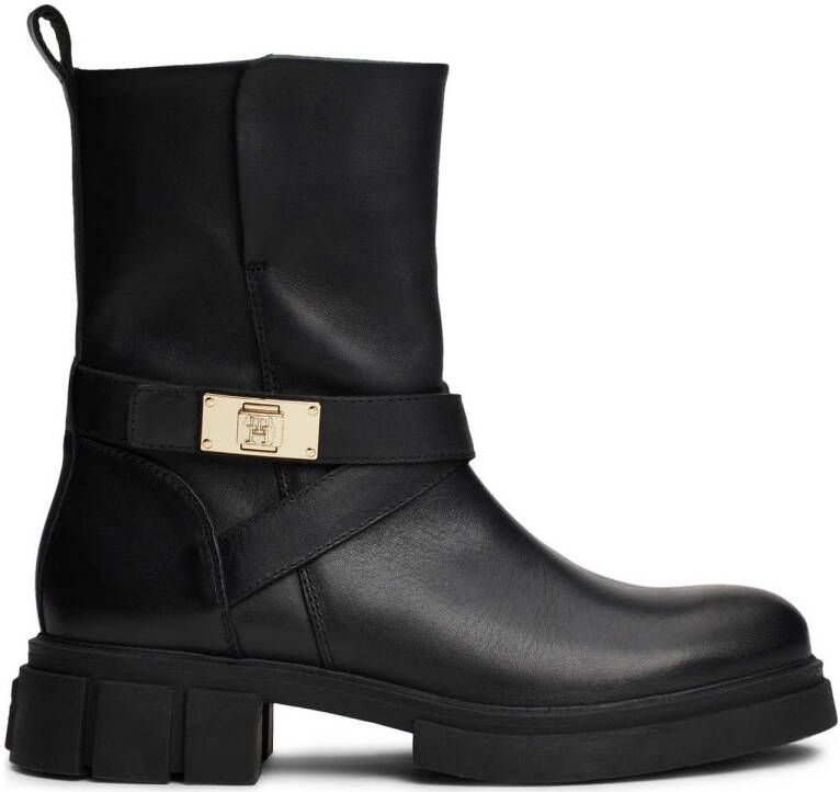 Tommy Hilfiger Bikerboots BIKER LEATHER blokhak enkellaars laarzen met goudkleurige sieraad - Foto 1