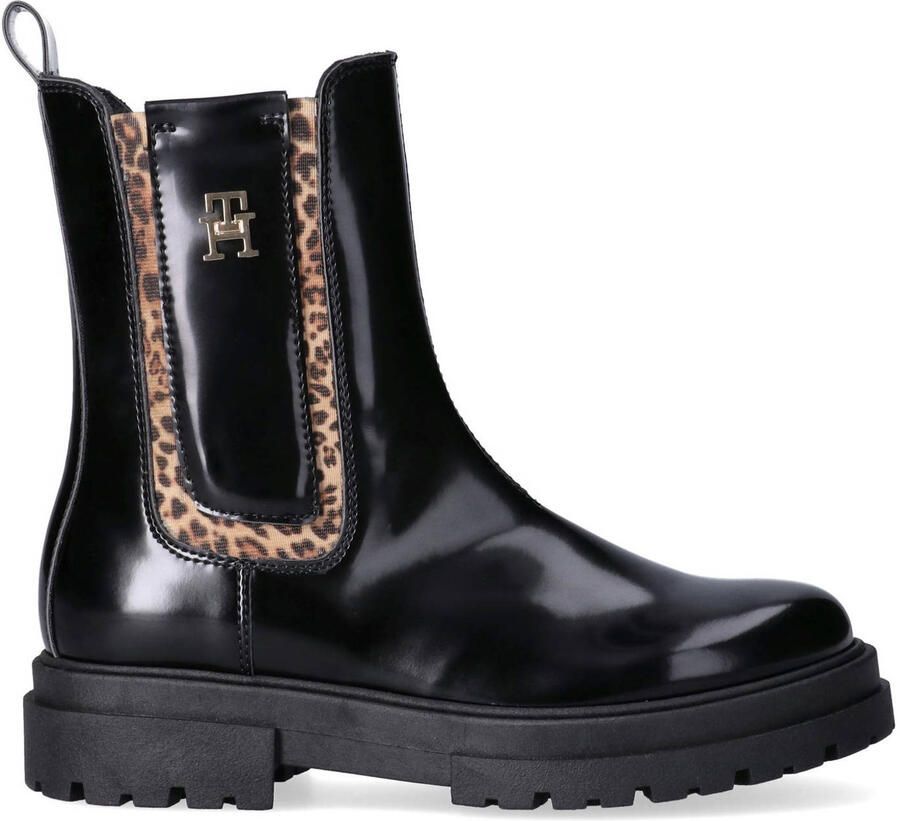 Tommy Hilfiger imitatieleren enkelboots met profielzool en panterprint zwart - Foto 6
